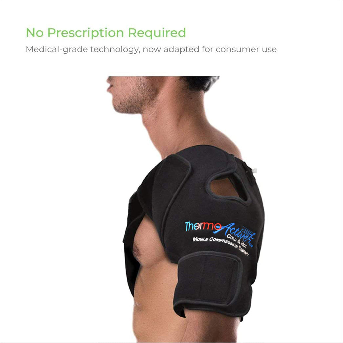 A man shown from the side wearing a black shoulder therapy device with a cutout, on a white background with promotional text at the top reading 'No Prescription Required'. The brace has a visible 'ThermoActive' logo on the front.