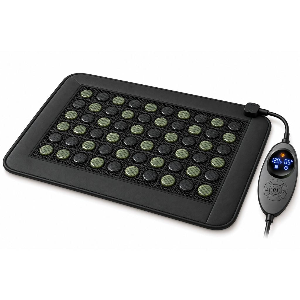 A black infrared heat pad with multiple oval massage nodes and an attached remote control, shown on a plain white background.