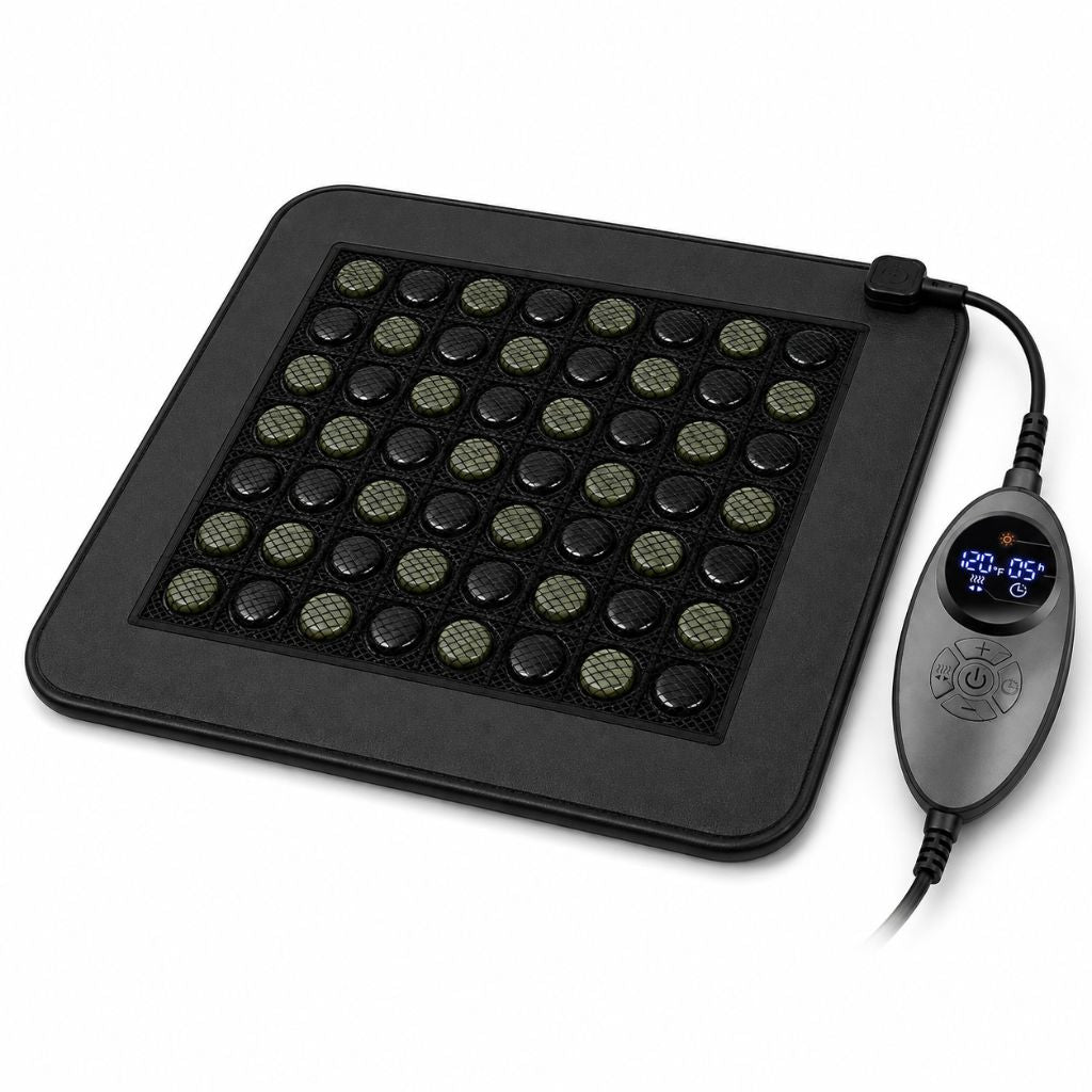 A black infrared heating pad with 40 round massage nodes and an attached digital control remote, shown on a white background.