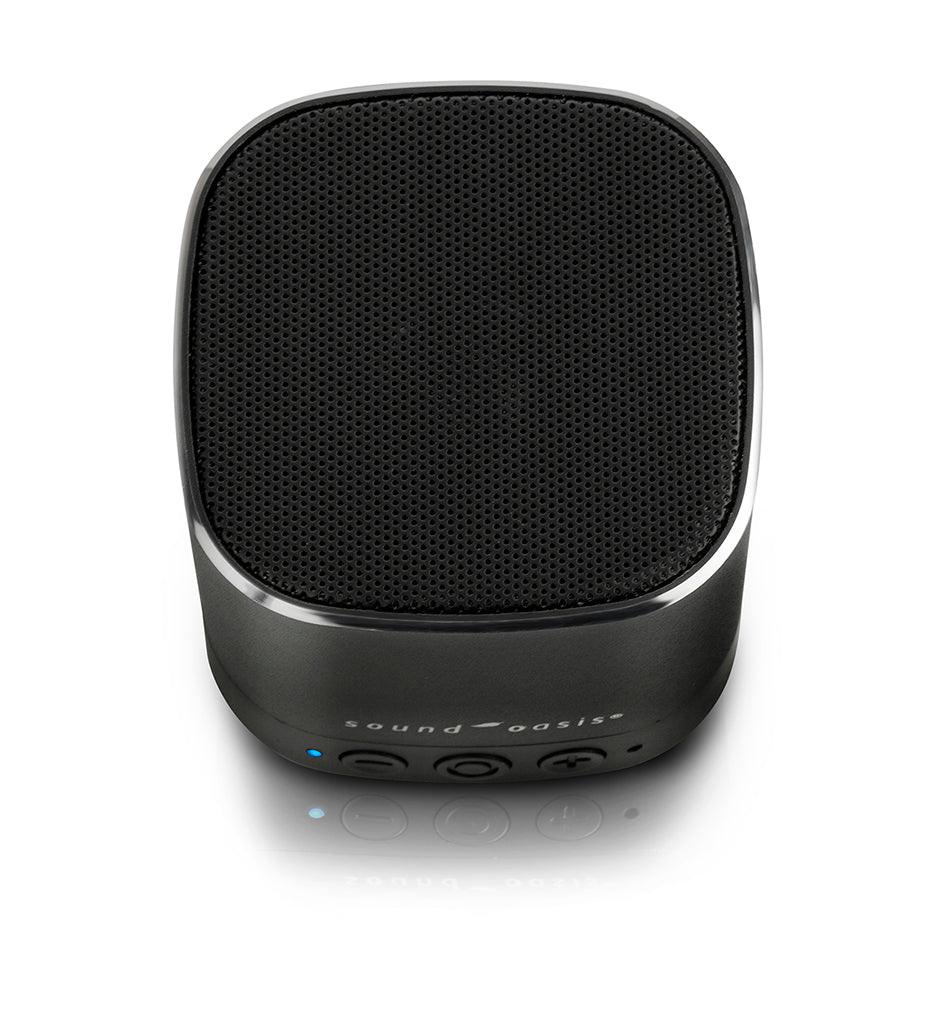 Black portable speaker with 'Sound Oasis' branding on a white background