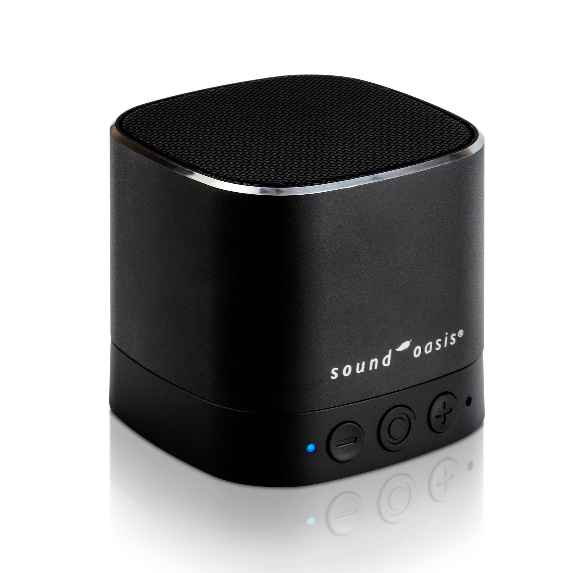 A black portable Bluetooth speaker with a cylindrical shape, featuring the 'sound oasis' logo on the front, set against a clean white background with a soft reflection below.