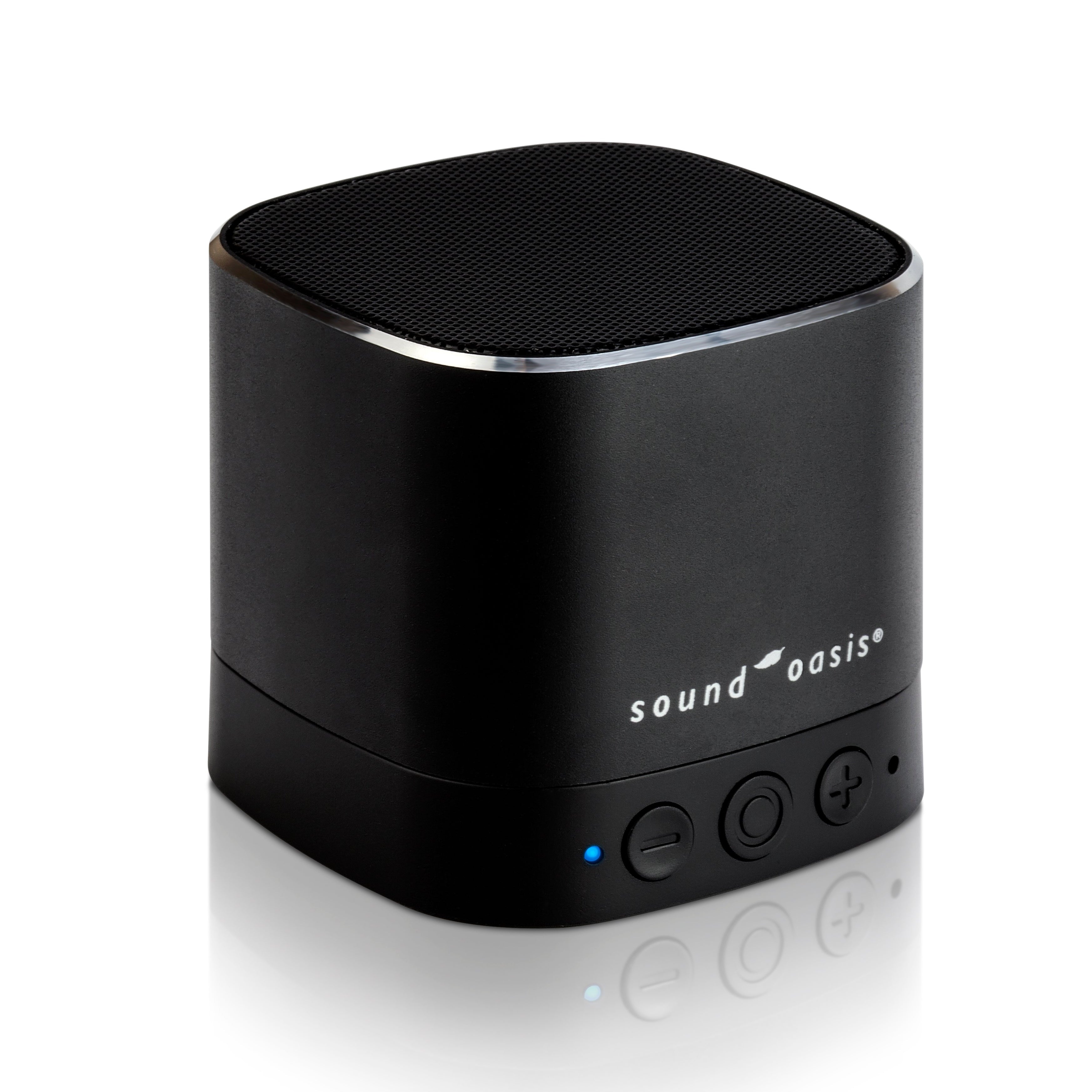 A black portable Bluetooth speaker with a cylindrical shape, featuring the 'sound oasis' logo on the front, set against a clean white background with a soft reflection below.