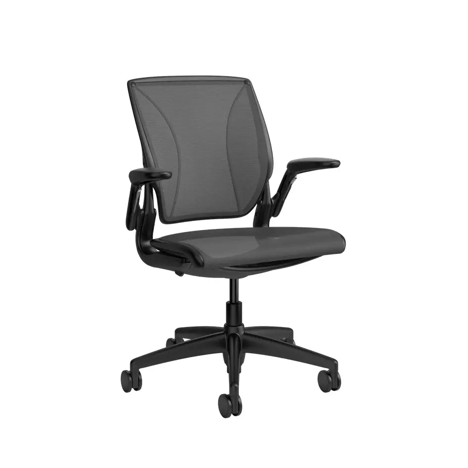 Black office chair with mesh back on a white background