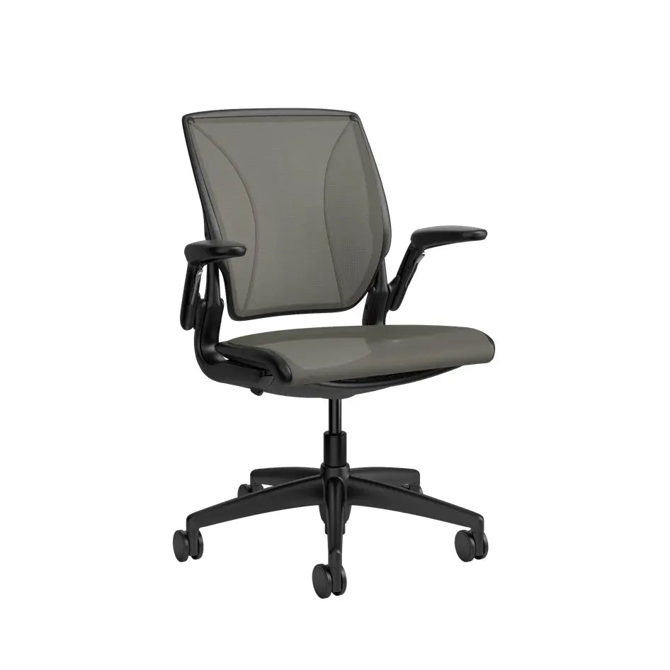 Gray office chair with black frame on a white background