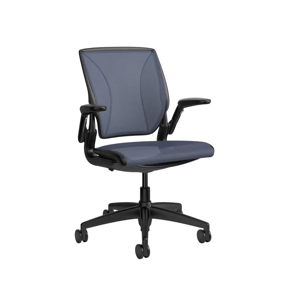 Blue office chair with black frame on a white background
