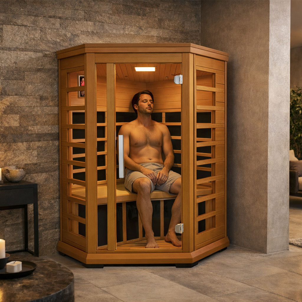 Man sitting inside a wooden infrared sauna in a modern room.