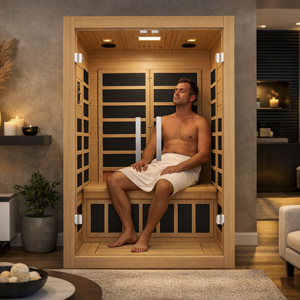 Man sitting in a wooden infrared sauna with candles and plants in the background