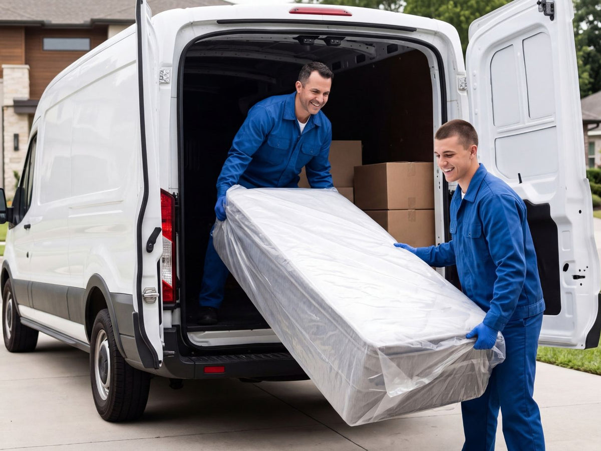 Two delivery professionals unloading a wrapped mattress from a white van outside a home.