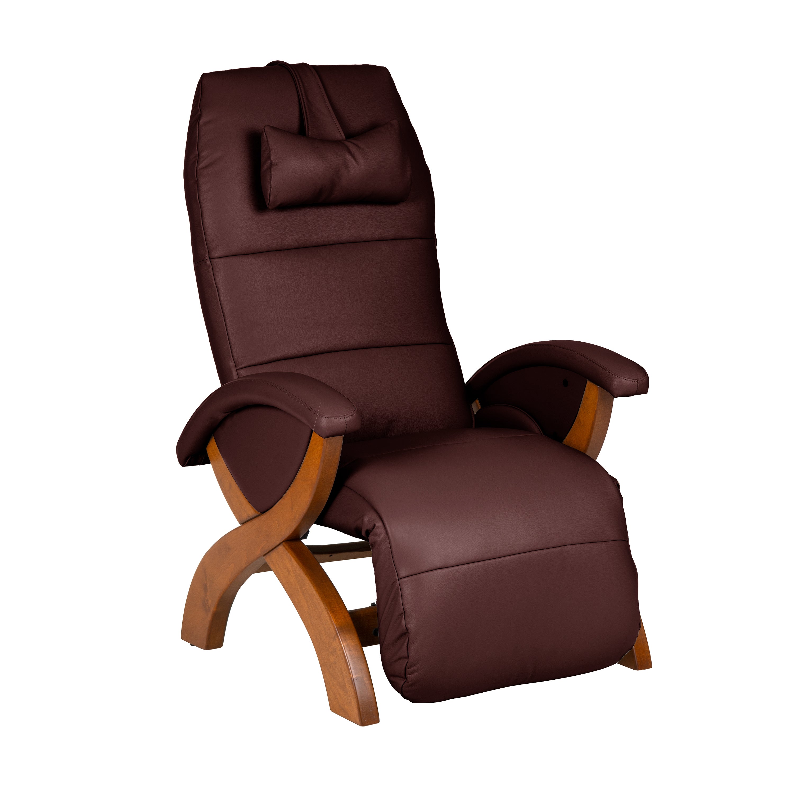 Merlot recliner chair with wooden armrests on a white background