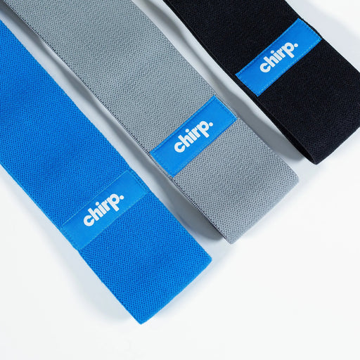 Chirp Resistance Bands in blue, grey and black