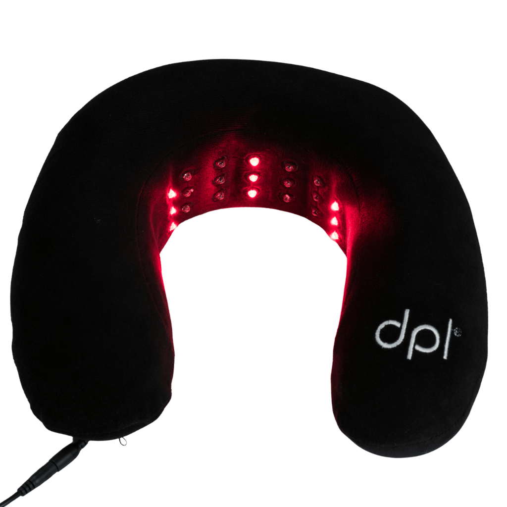 Black neck pillow with red LED lights and 'dpl' branding on a white background