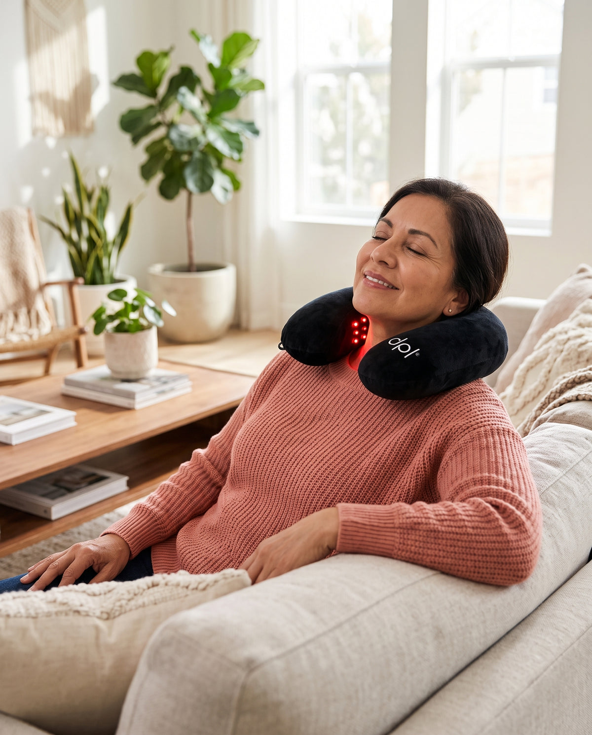 A woman relaxes on a light beige sofa in a bright living room, wearing a black neck pillow with a red light therapy panel. The neck pillow has the brand name 'noo!' printed in white on the side.
