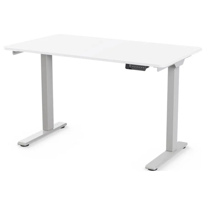 Wood surface desk with gray metal legs and a black control panel on the side, suitable for office or workspace.