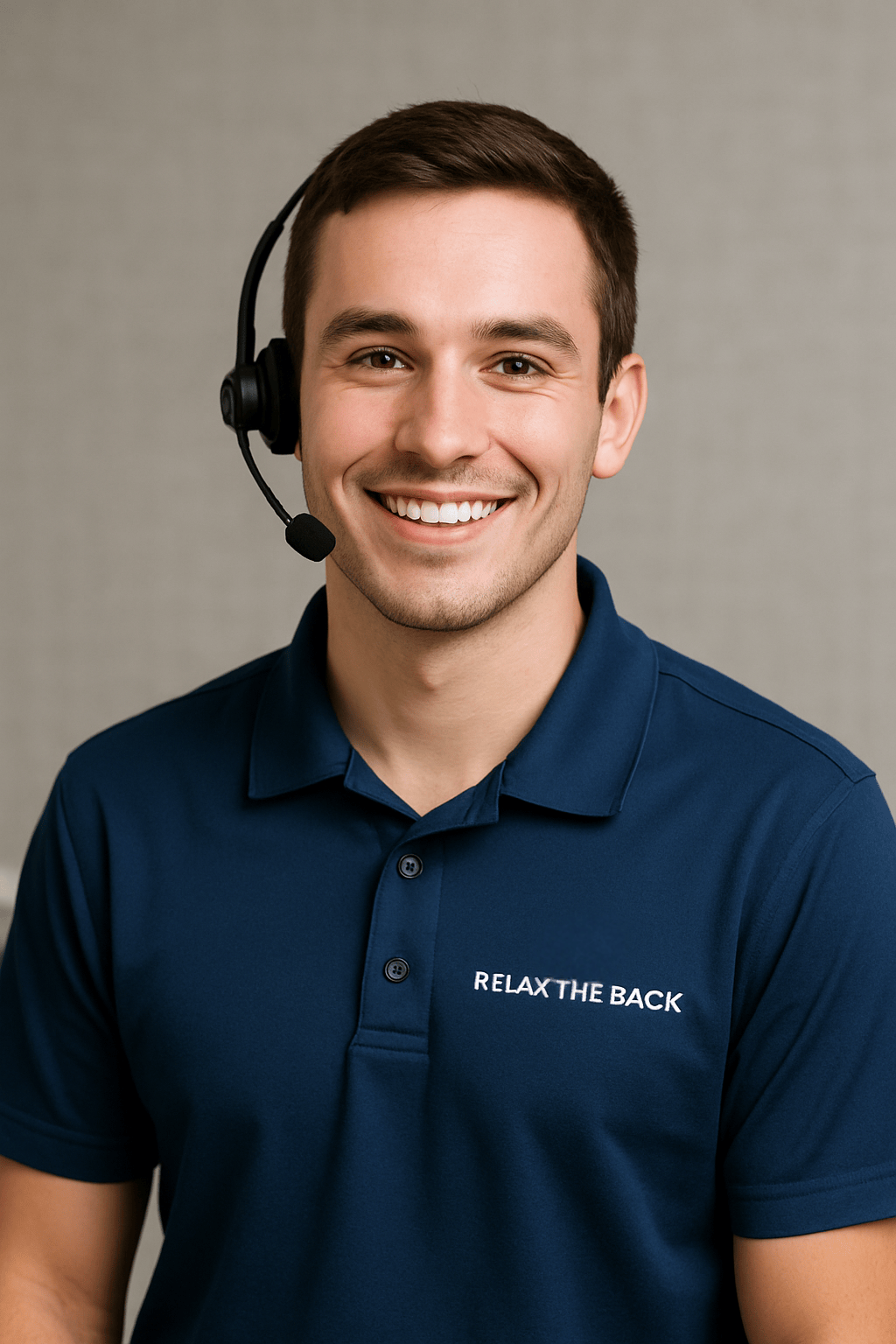 Man wearing a headset and blue shirt with 'Relax the Back' logo on a gray background