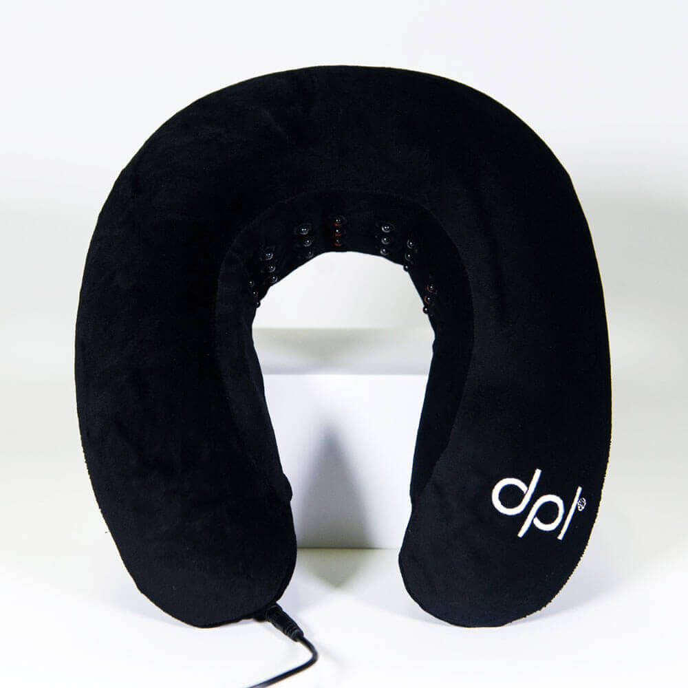Black neck pillow with 'dpl' logo on a white background