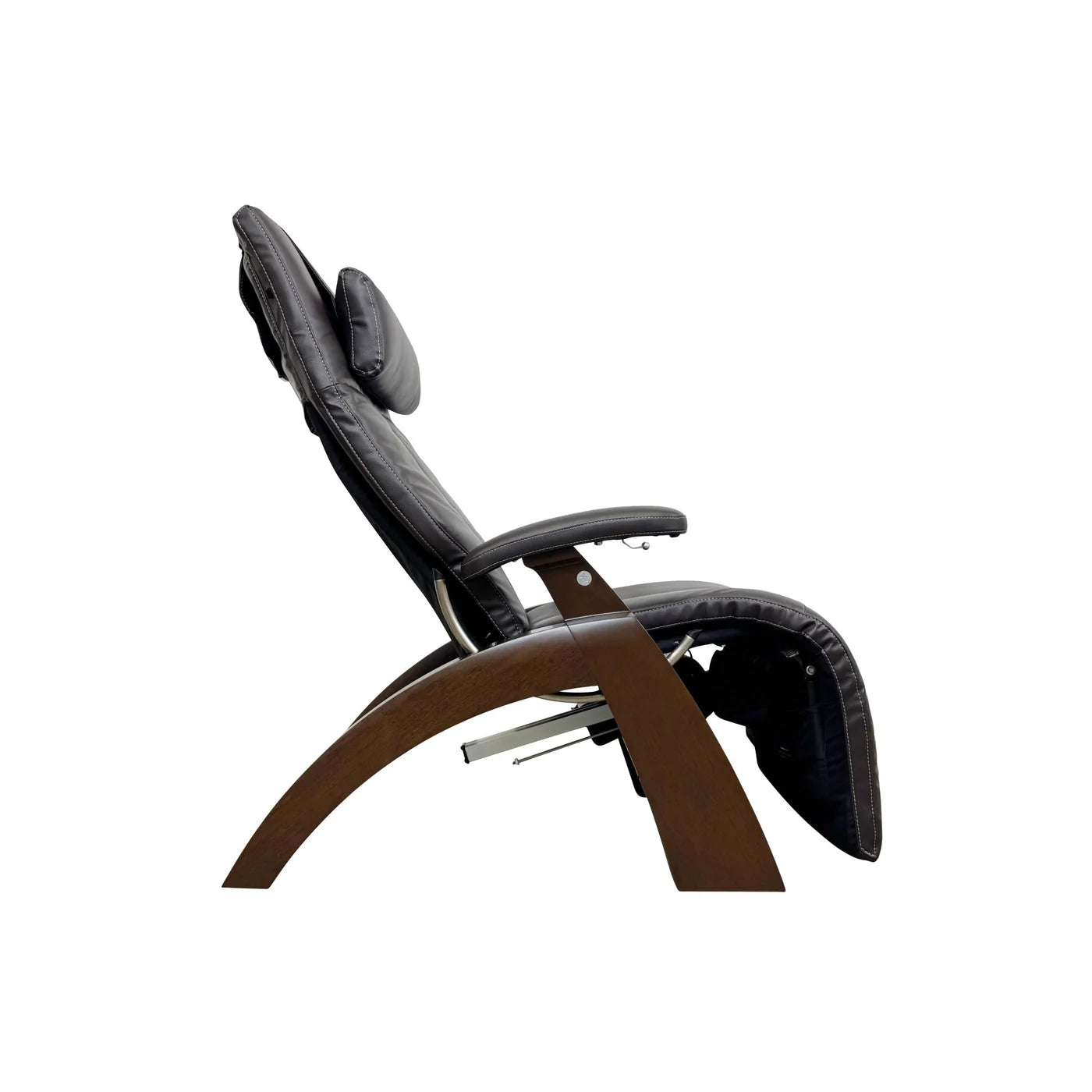 Side view of a dark leather recliner with a curved wooden frame against a light background.