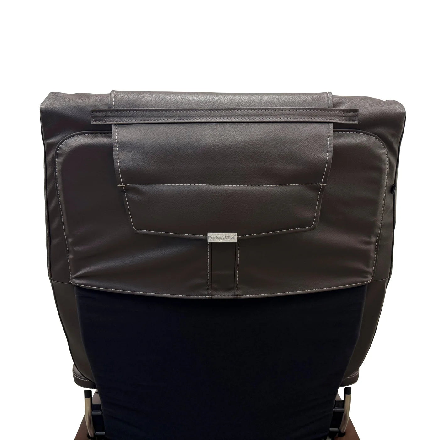 Back view of a dark leather recliner with contrast stitching and an adjustable headrest.