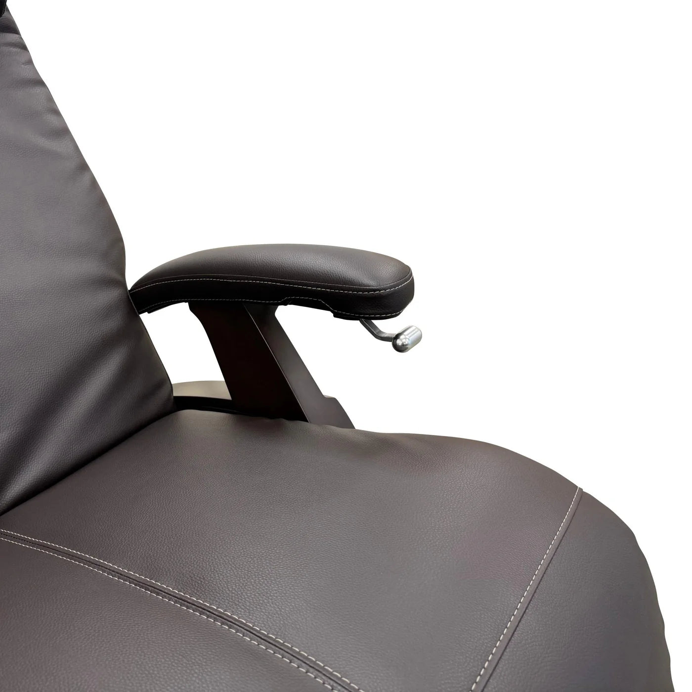 Close-up of a dark leather recliner seat and armrest with contrast stitching and a wood support frame.
