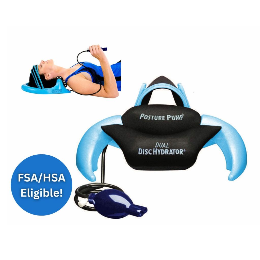 Posture Pump Dual Disc Hydrator posture decompression device with a black central pad, light blue curved support arms, a black carrying handle, and a separate dark blue pump bulb. A small inset shows a woman lying down using the device.