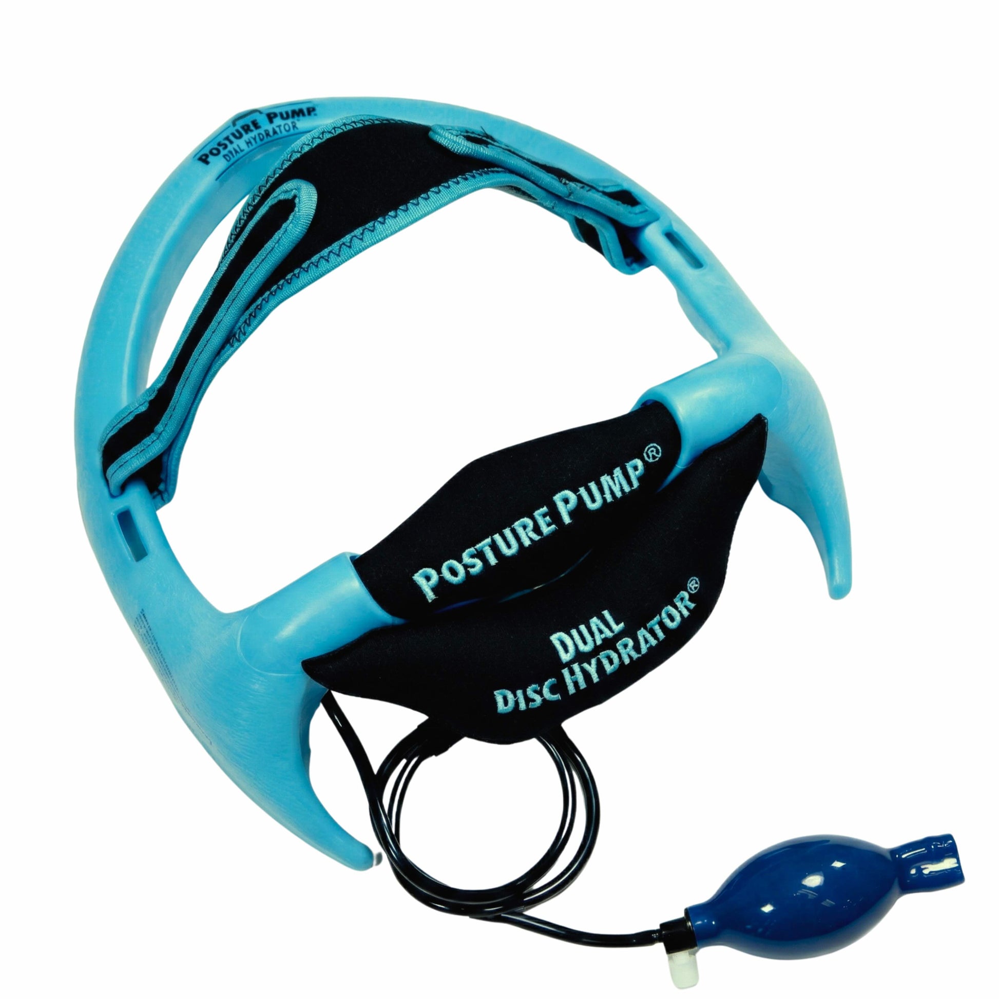 Posture Pump Dual Disc Hydrator neck brace with a blue and black headband, black neck support pad, and a blue bulb pump connected by a black tube, shown on a white background.