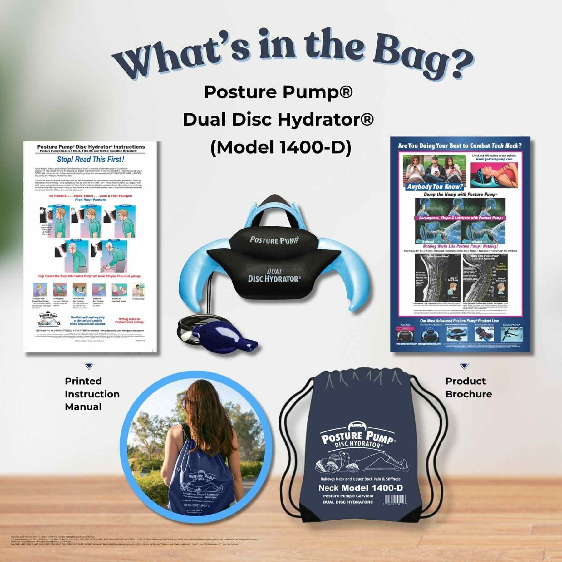 A promotional collage for the Posture Pump Dual Disc Hydrator (Model 1400-D) showing the product and included materials on a light gray background with a wood floor at the bottom. Items include the blue and black dual disc device, a printed instruction manual, a product brochure, and a navy drawstring bag with the Posture Pump logo.