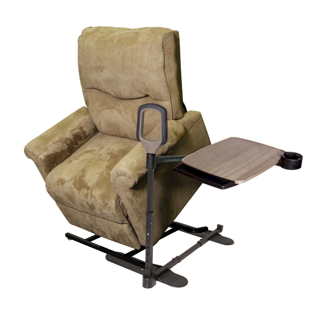 Beige recliner chair with a footrest and tray on a white background