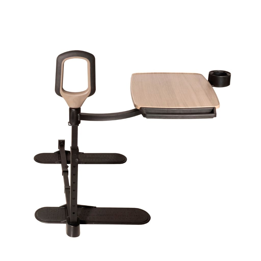 Adjustable standing tray with a standing assistance handle on a white backgroung