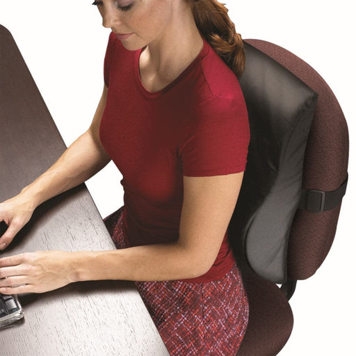 Women in red top using the contour lumbar cervical back cushion on a chair