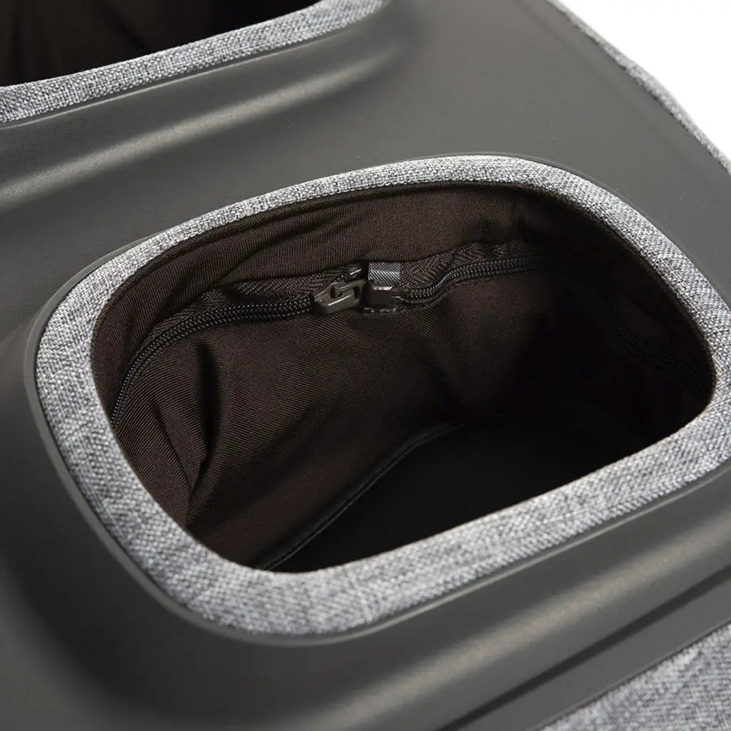 A close up of the zippers on the Arch Refresh Foot Massager.