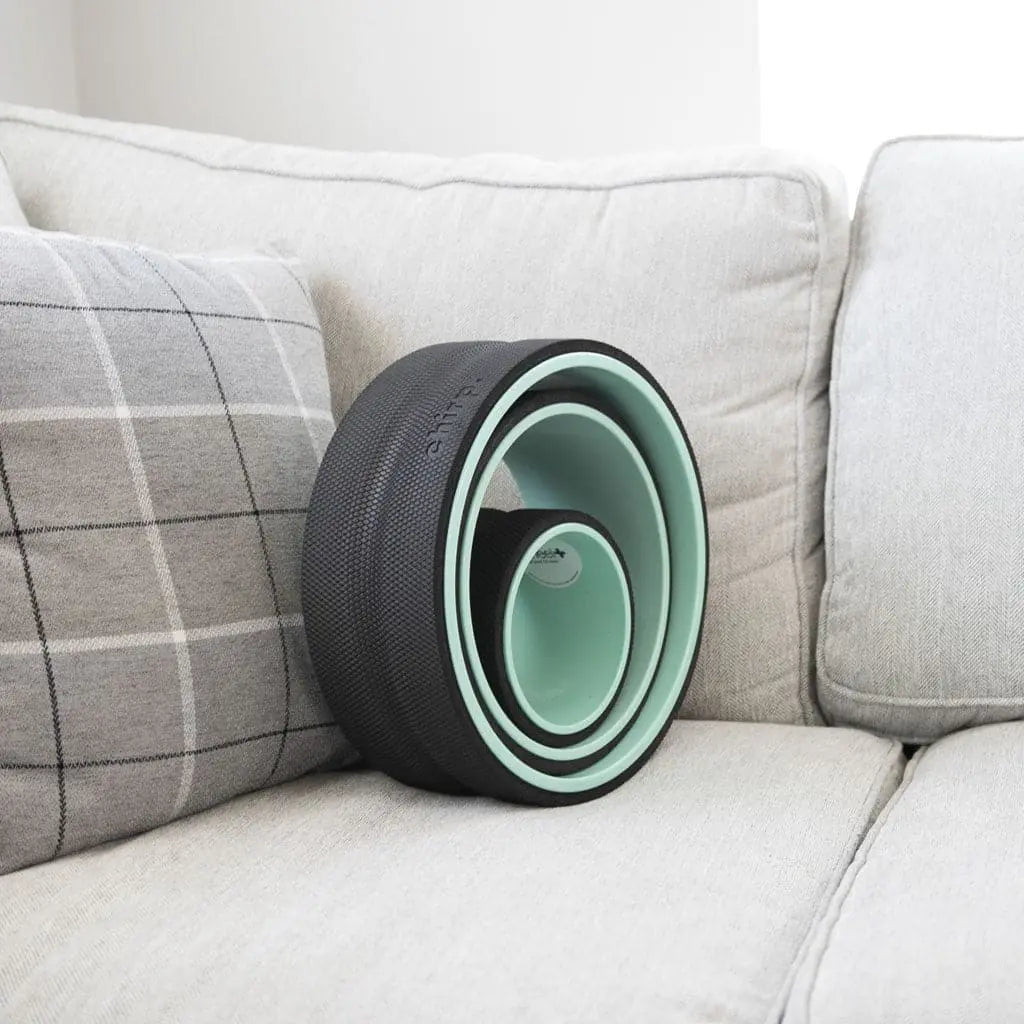 Chirp Wheel Plus shown on a grey couch with a striped grey decor pillow