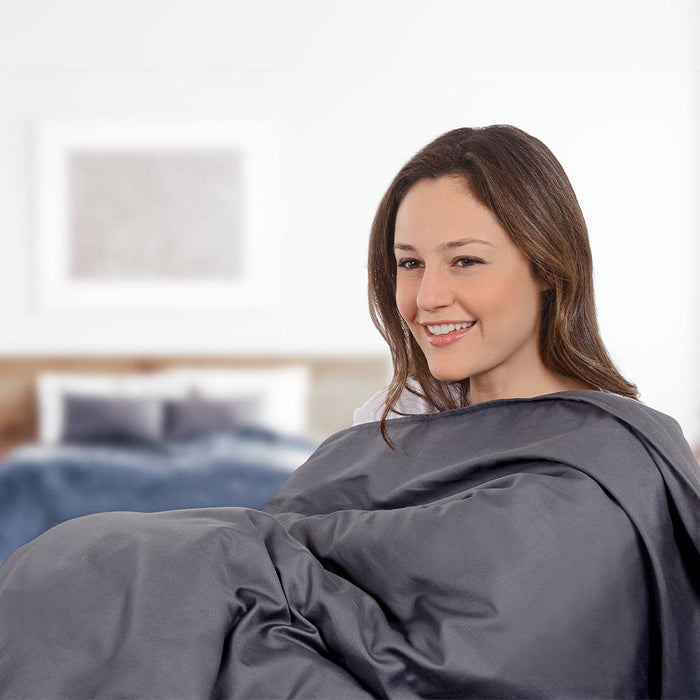 Delos weighted blanket sitting on woman