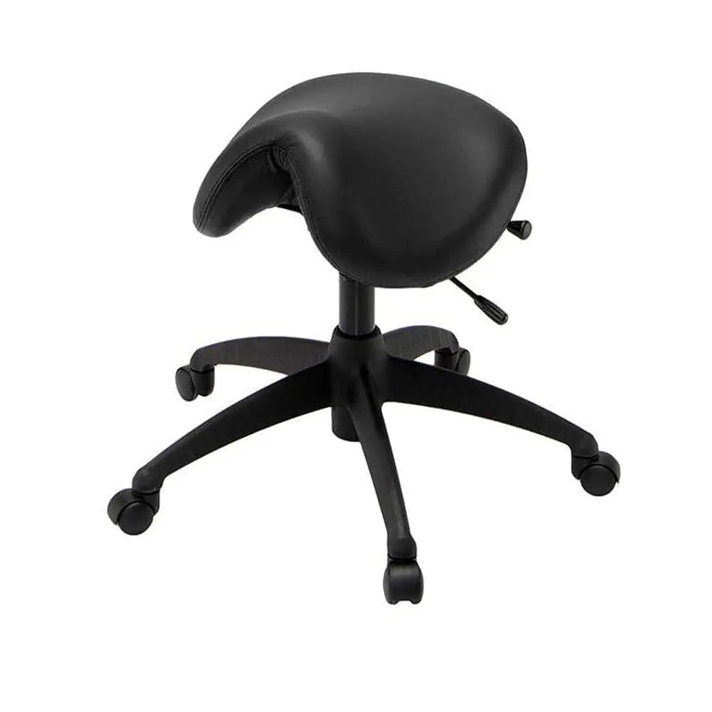 Front side view of the Ergonomic Saddle Stool in black with the standard black base