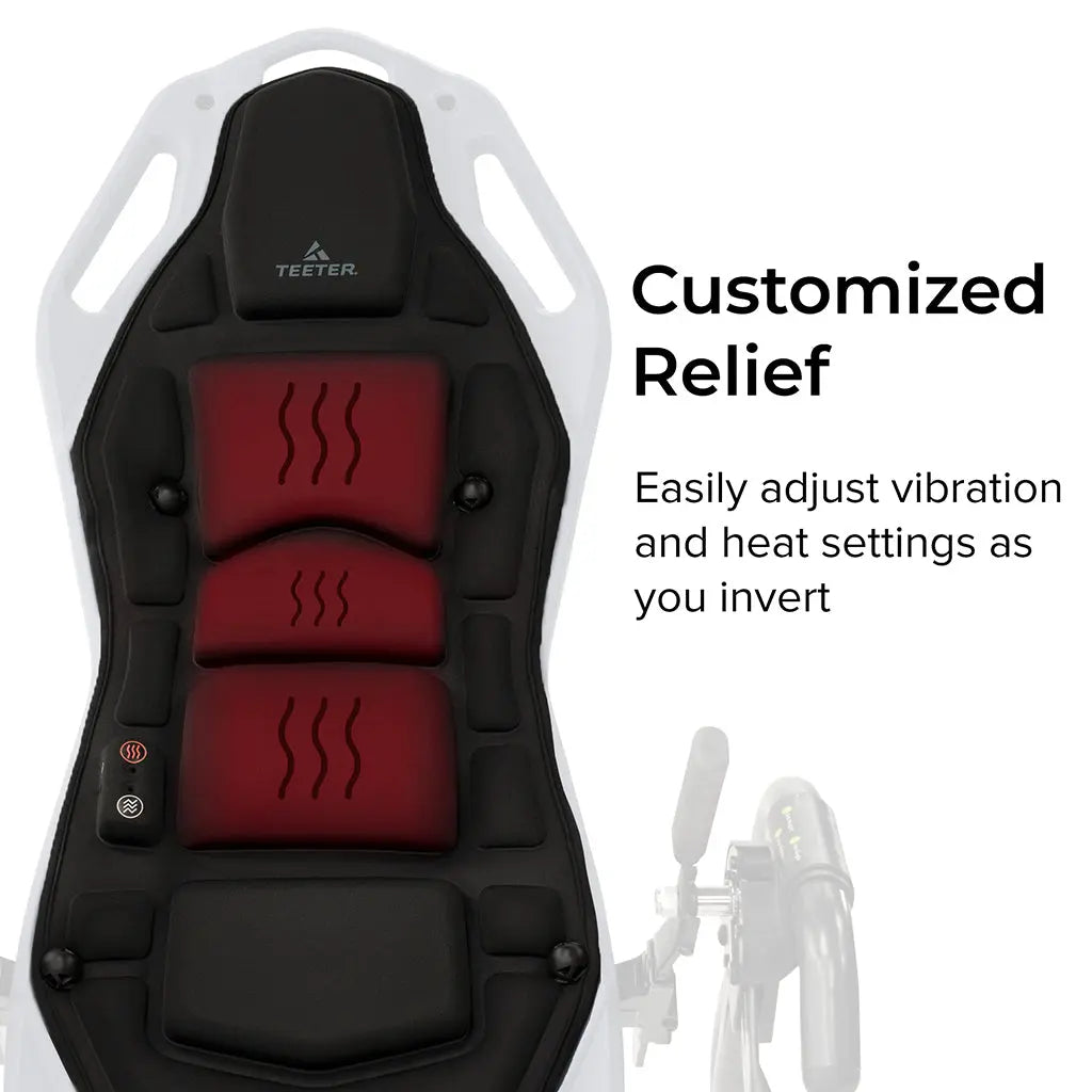 The front view of the FitSpine Heat and Vibration Comfort Cushion by Teeter features a sleek black design. The cushion offers customizable relief, allowing you to easily adjust the vibration and heat settings while you invert.
