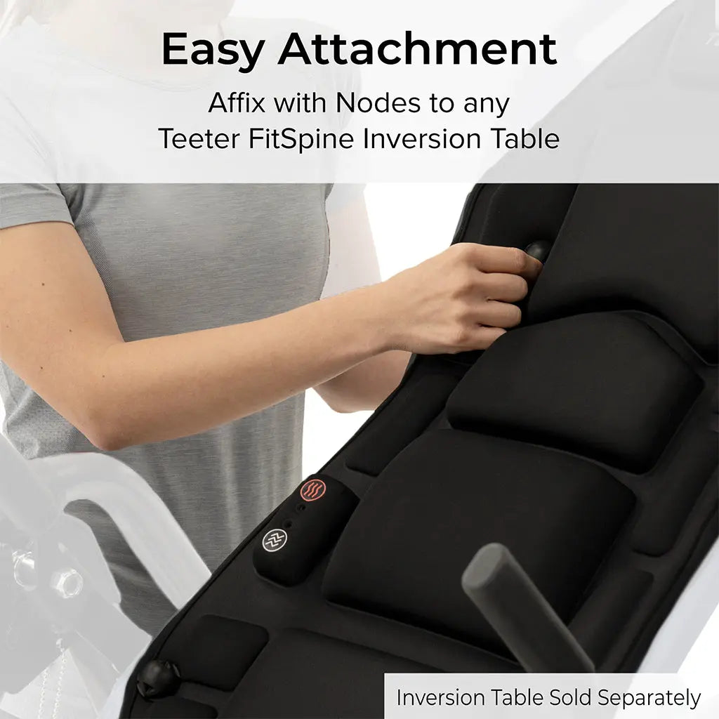 The FitSpine Heat and Vibration Comfort Cushion by Teeter shows a close-up of the attachment nodes. The text says, "Easy Attachment—Use the nodes to attach to any Teeter FitSpine Inversion Table."