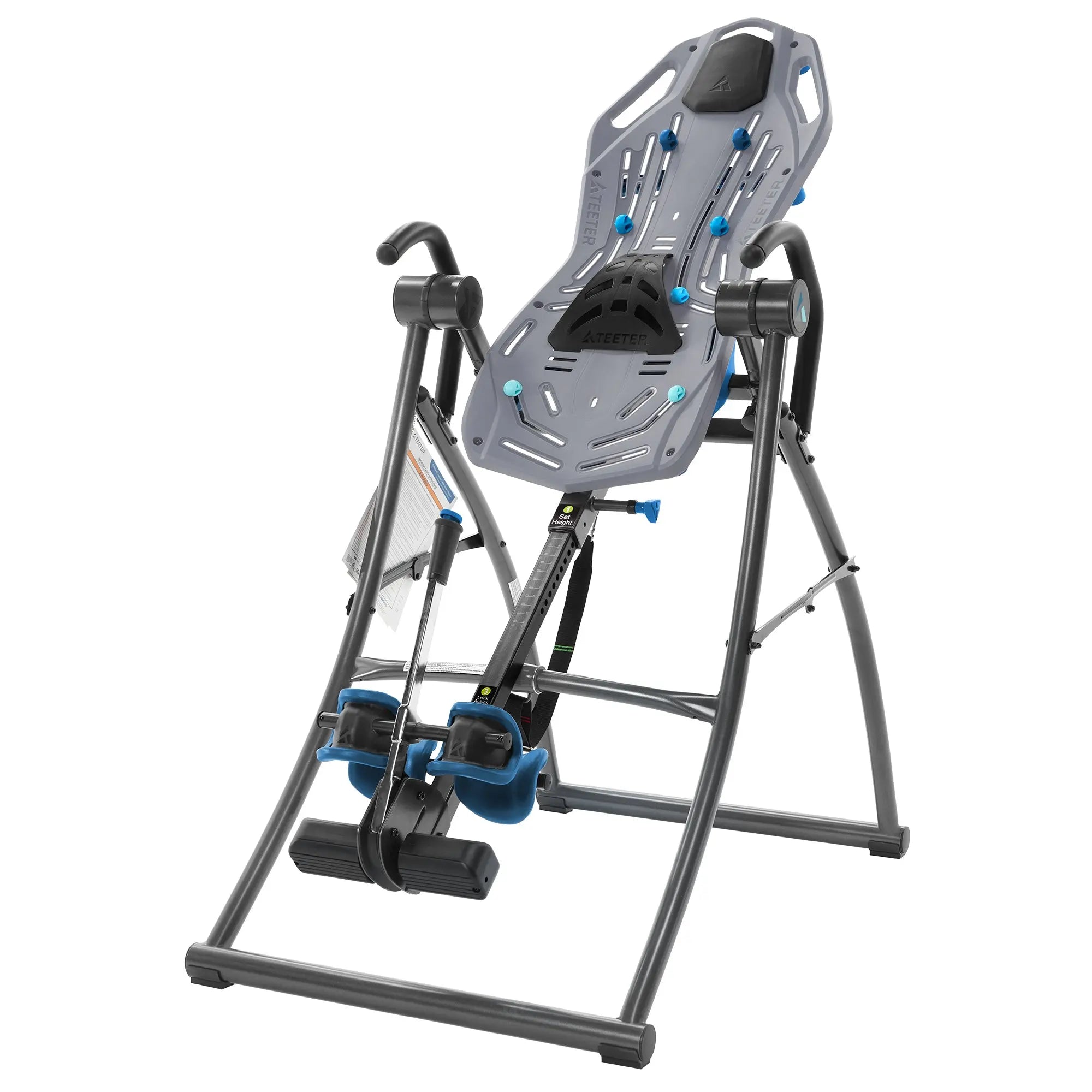 Teeter's Fitspine XC5 Inversion Table features grey, blue, and black colors displayed against a white backdrop.