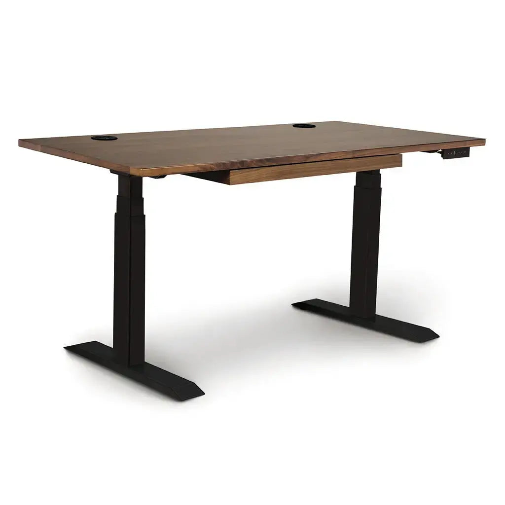 Invigo Sit Stand Desk in Walnut against a white background