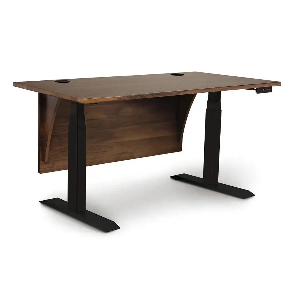 Invigo Sit Stand Desk in Walnut against a white background