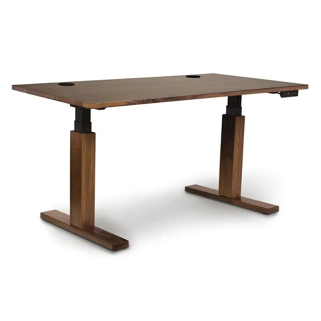 Invigo Sit Stand Desk in Walnut against a white background