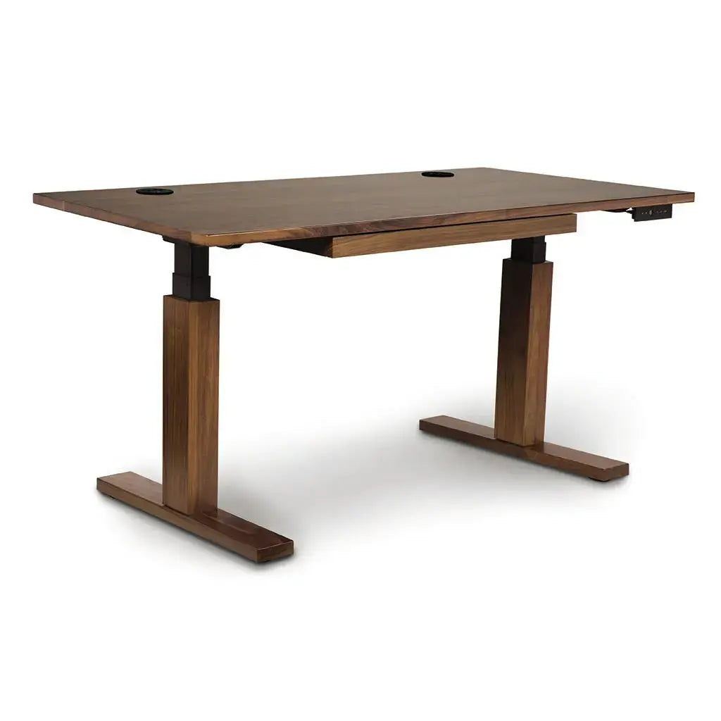 Invigo Sit Stand Desk in Walnut against a white background