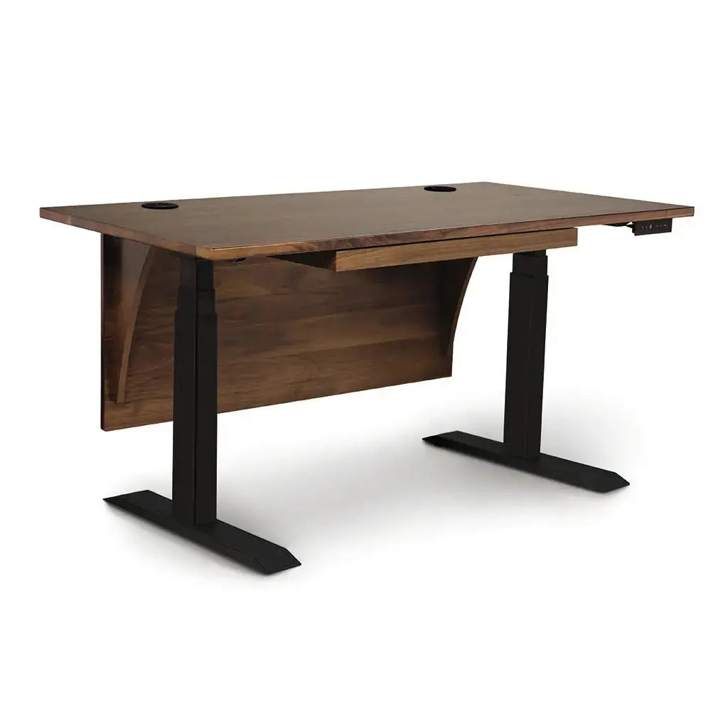 Invigo Sit Stand Desk in Walnut against a white background