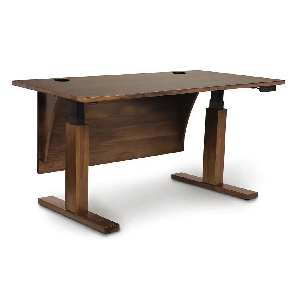 Invigo Sit Stand Desk in Walnut against a white background