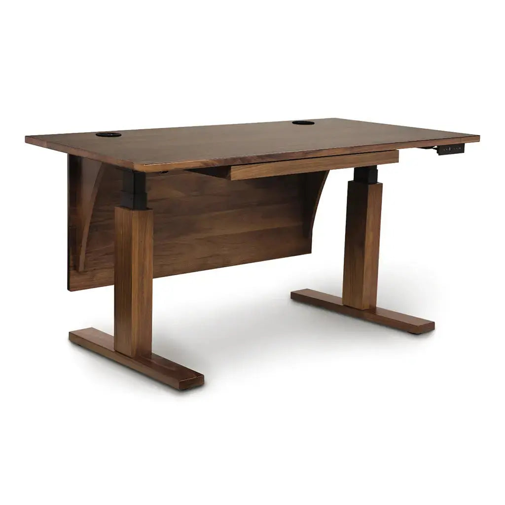 Invigo Sit Stand Desk in Walnut against a white background