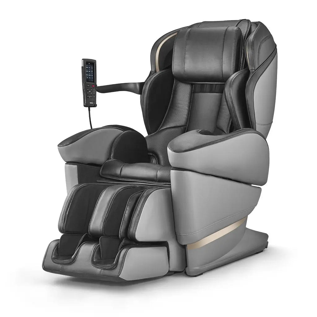 A lateral perspective of the black JP3000 Massage chair featuring the foot massager in a lowered position.