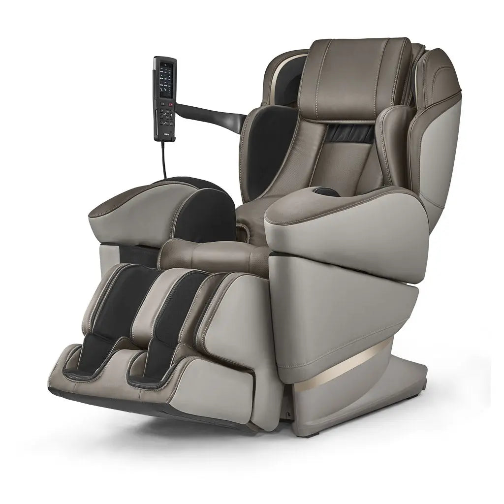 A lateral perspective of the brown JP3000 Massage chair featuring the foot massager in a lowered position.