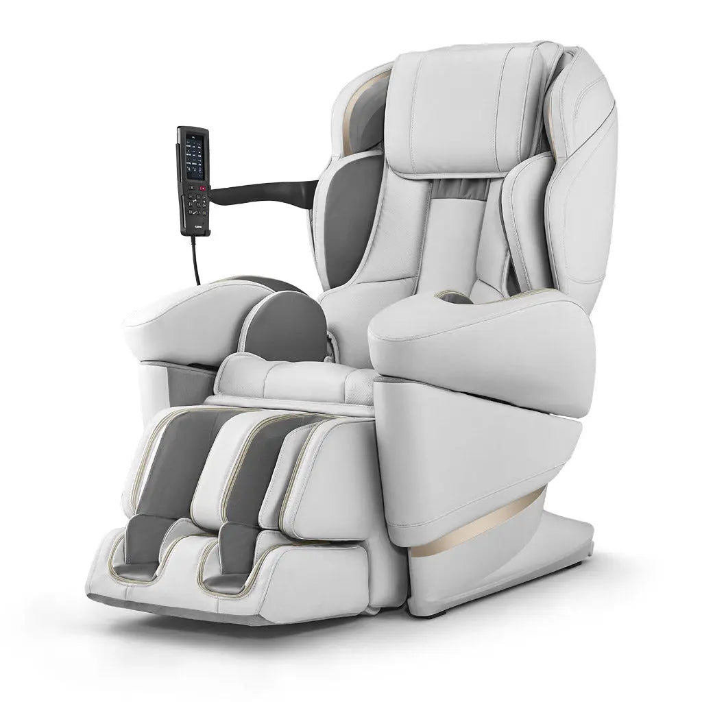 A lateral perspective of the white JP3000 Massage chair featuring the foot massager in a lowered position.