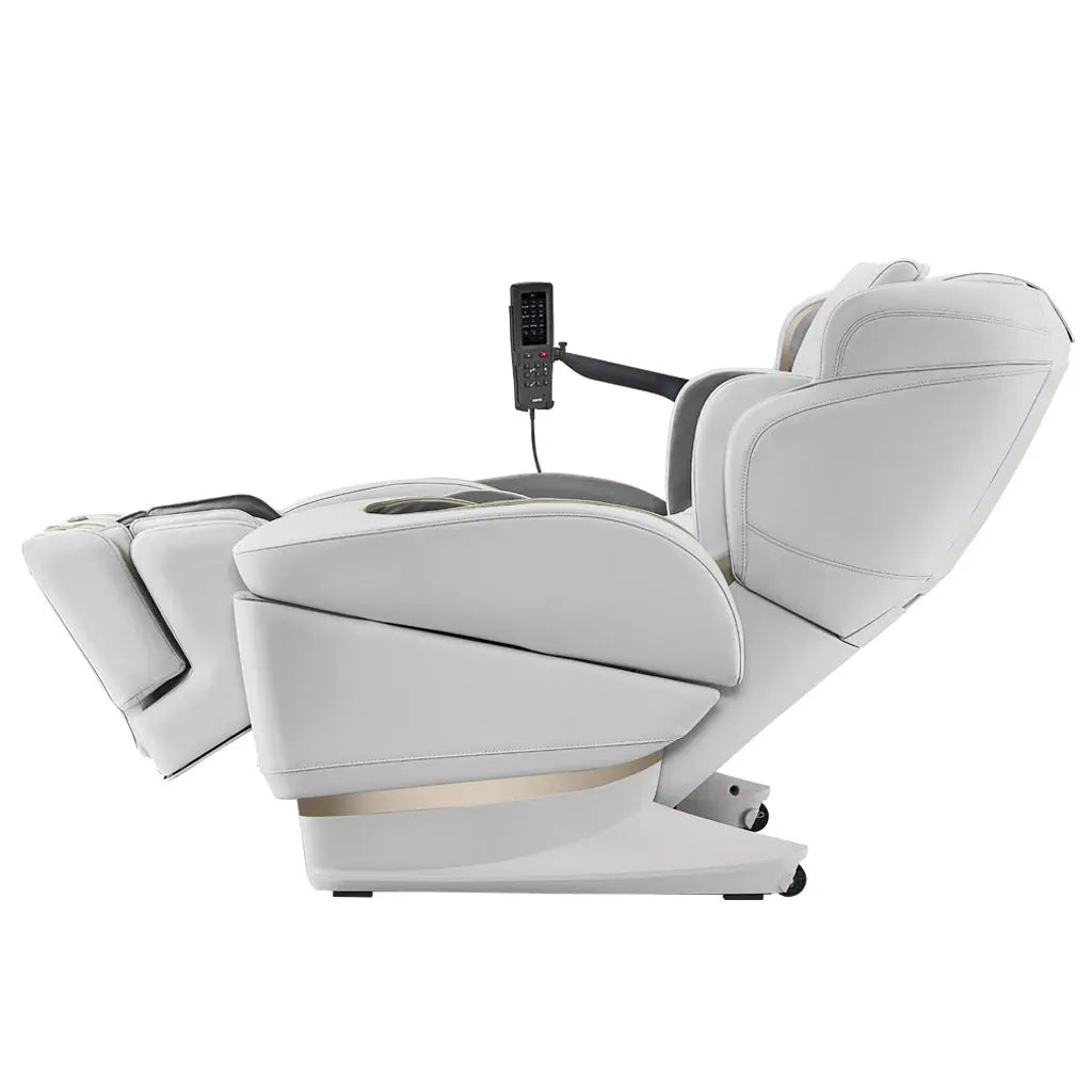 A relaxed perspective of the JP3000 Massage Chair featuring the foot massager extended in white.