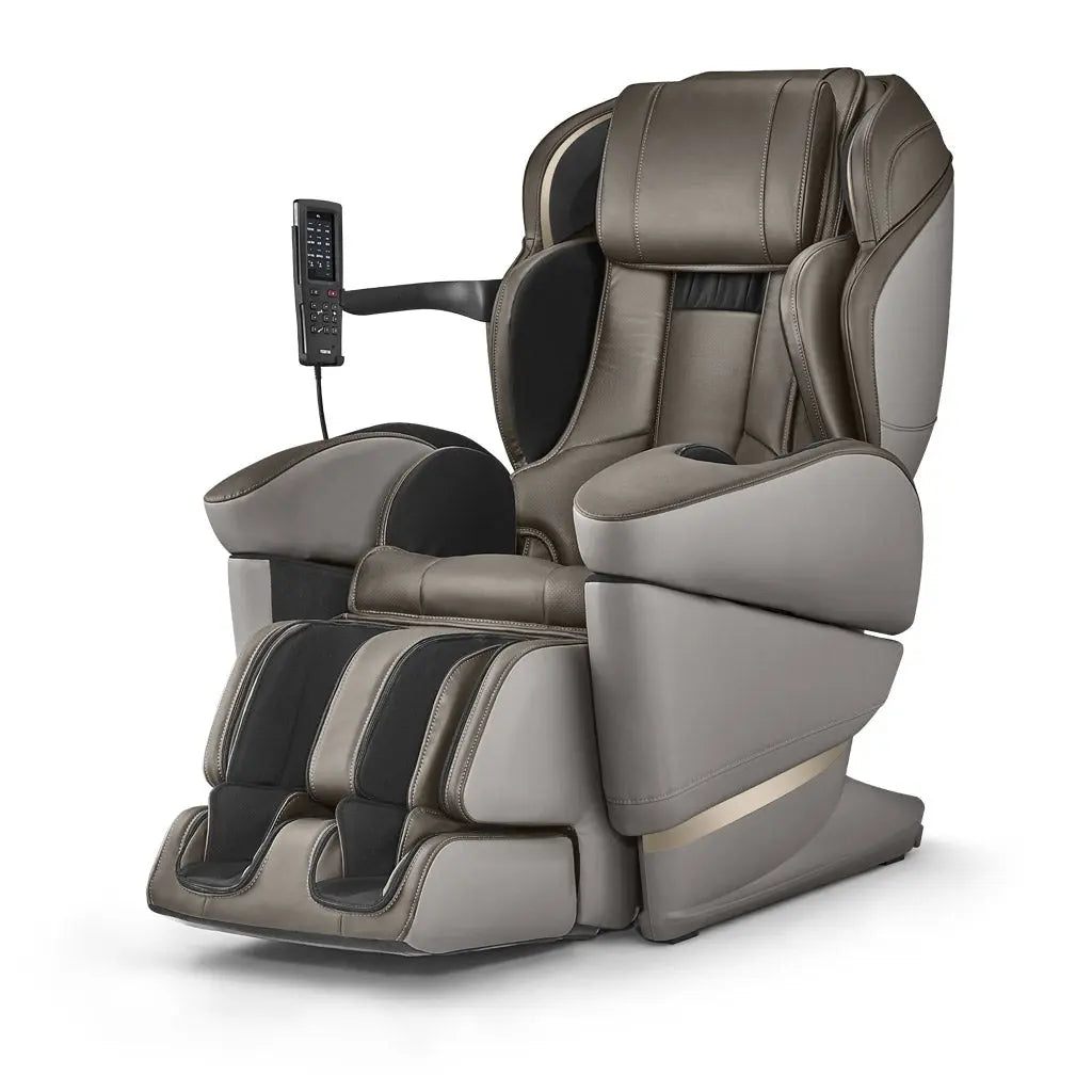 A lateral perspective of the brown JP3000 Massage chair featuring the foot massager in a lowered position.