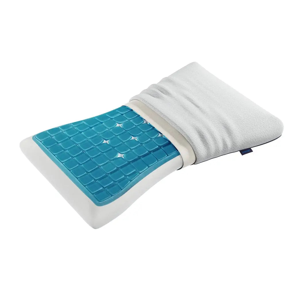 The Lab Pillow by Technogel® is displayed in a thin design, partially revealing its internal gel material.