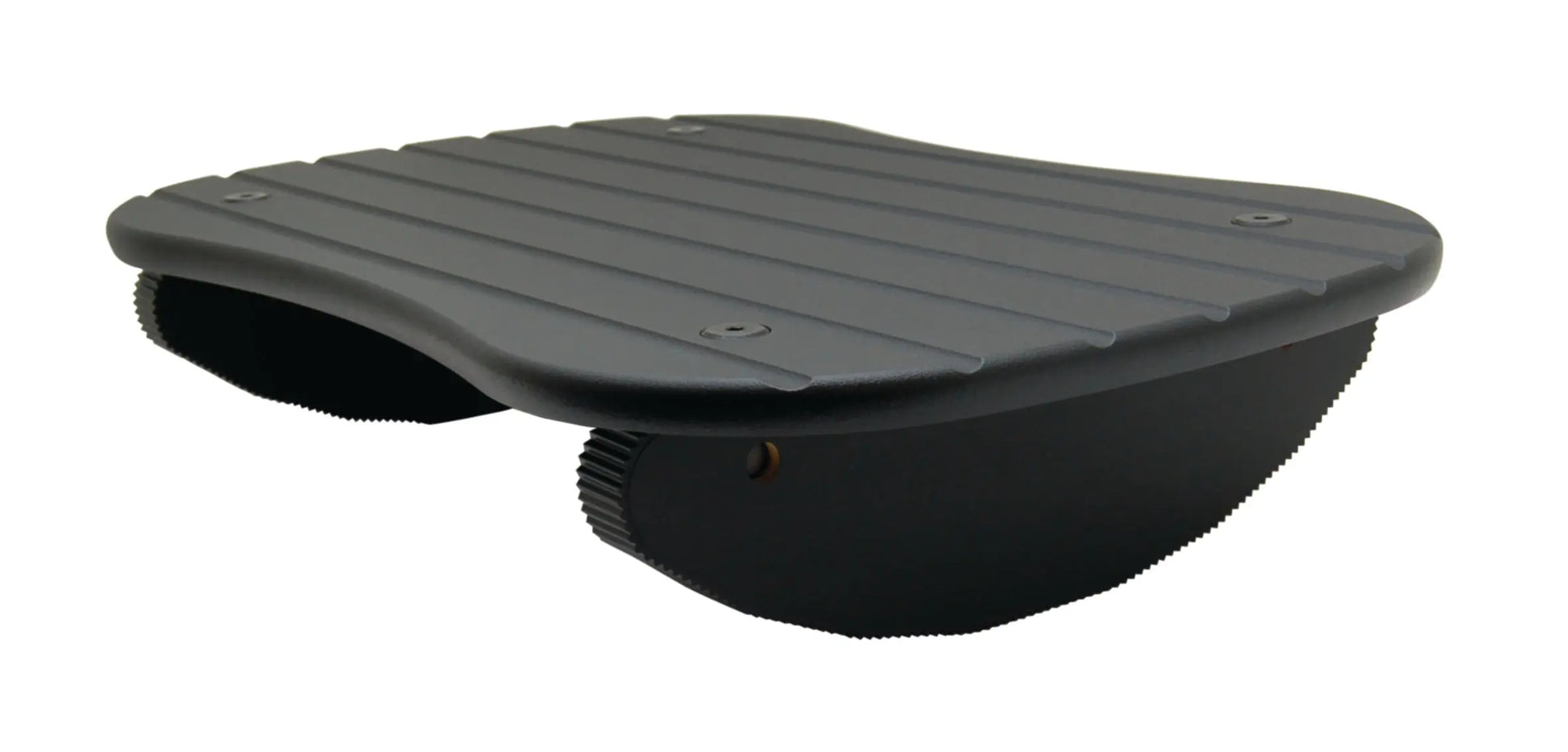 A lateral perspective of the Black-colored Rock-N-Stop Footrest, available in a small size