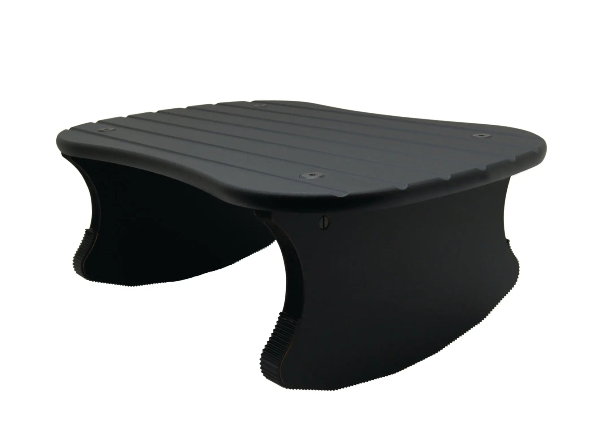 A lateral perspective of the Black-colored Rock-N-Stop Footrest, available in a tall size.